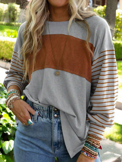 Long Sleeves Loose Contrast Color Split-Joint Striped Round-Neck Blouses&Shirts Tops