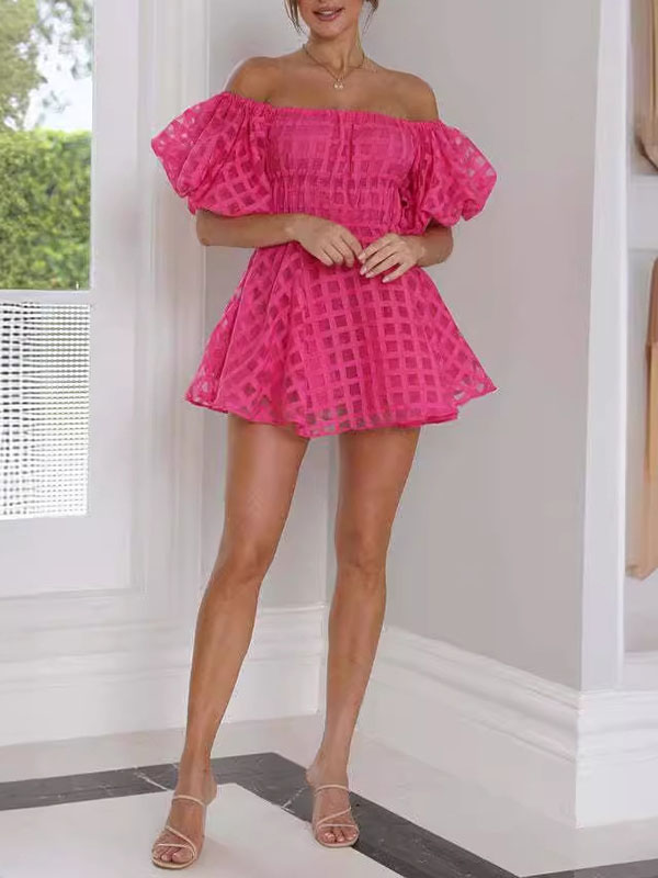 High Waisted Loose Elasticity Solid Color Split-Joint Off-The-Shoulder Mini Dresses