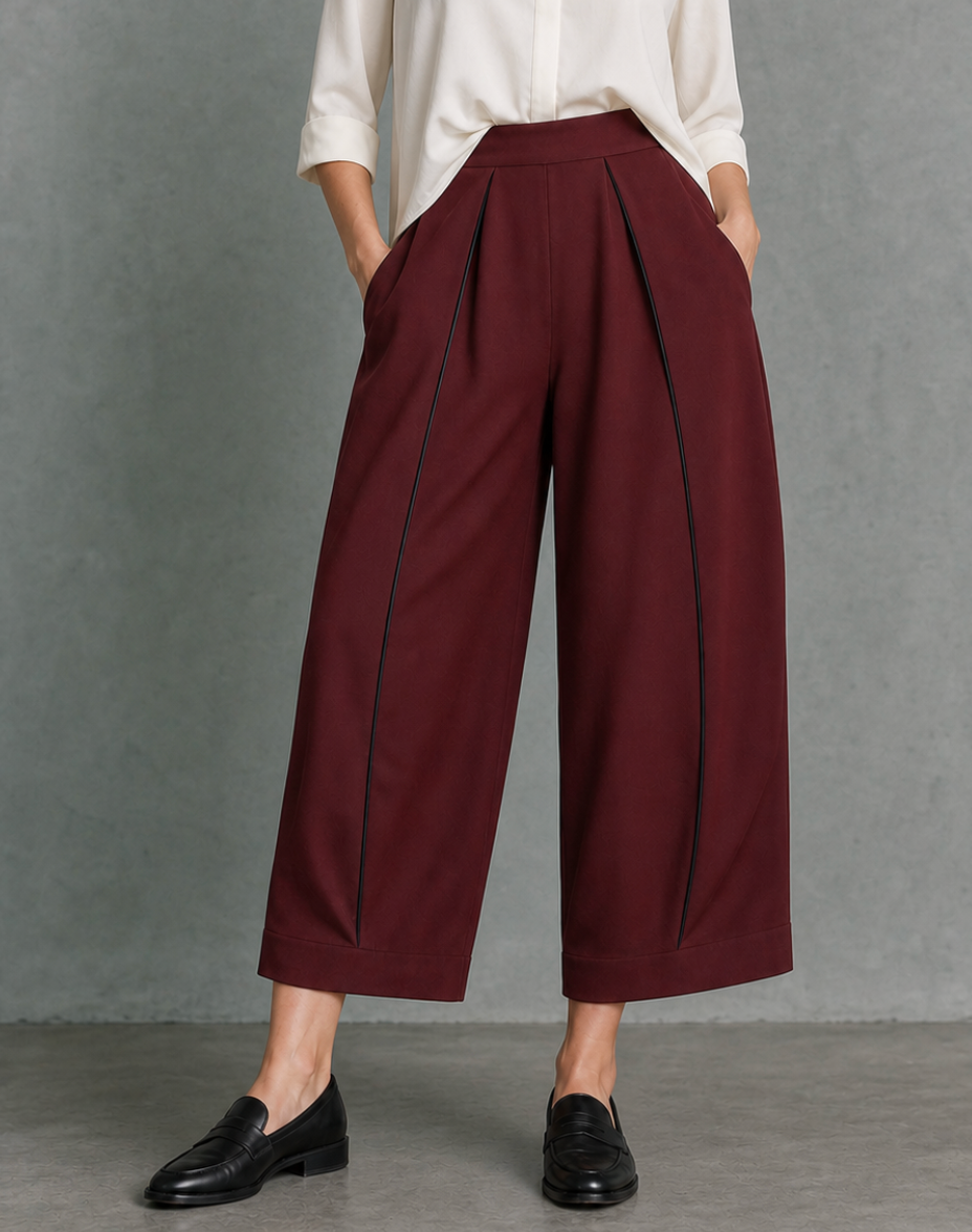 Solid Color Pockets Pleated Wide Leg Loose Cropped Trousers