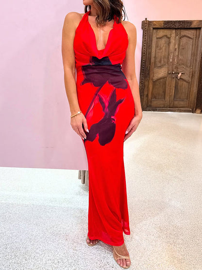 Flower Print Contrast Color Backless Sleeveless Bodycon V-neck Maxi Dresses