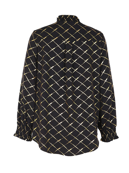Long Sleeves Loose Bronzing Elasticity Split-Joint V-Neck Blouses&Shirts Tops