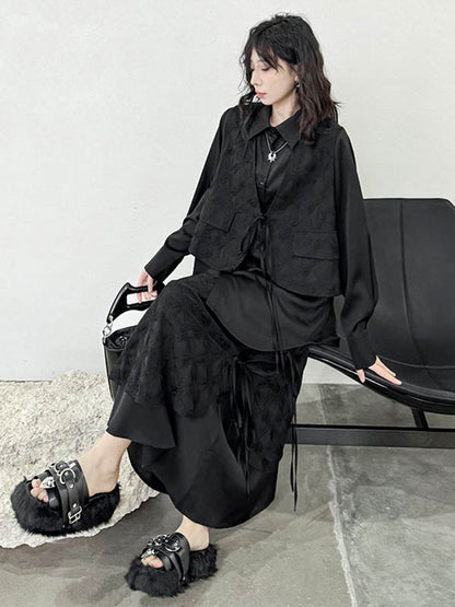 Solid Color Split-Joint Asymmetric Drawstring Flower Print   False Two Lapel Buttoned Pockets Blouses&Shirts Tops + Elasticated Waist Double Layered Skirts Bottoms Two Pieces Set
