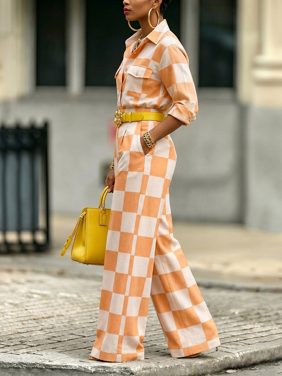 High Waisted Loose No Belt Plaid Pockets Pants Trousers