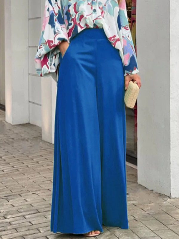 Original Contrast Color Blouse&Solid Wide Legs Pants 2 Pieces Set