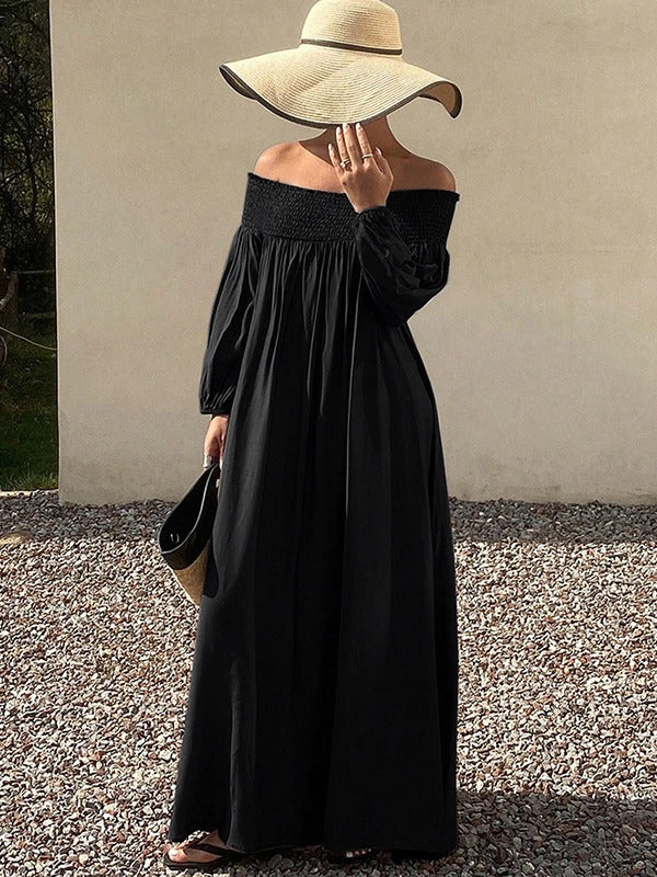 Loose Puff Sleeves Elasticity Pleated Solid Color Off-The-Shoulder Maxi Dresses