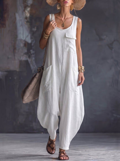 Loose Sleeveless Pockets Solid Color Square-Neck Jumpsuits