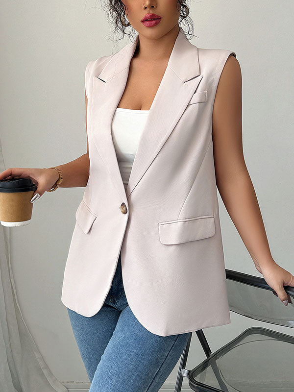 Loose Sleeveless Buttoned Pockets Notched Collar Blazer Vest Top