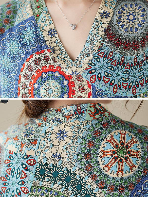 Loose Short Sleeves Ethnic Printed V-Neck Maxi Dresses