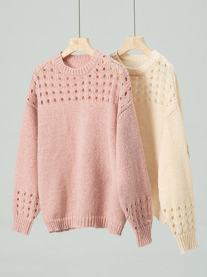 Long Sleeves Loose Hollow Solid Color Split-Joint Round-Neck Pullovers Sweater Tops