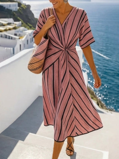 A-Line High Waisted Contrast Color Knot Line Pleated Pockets V-Neck Midi Dresses