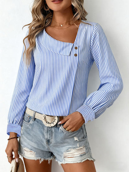 Long Sleeves Buttoned Split-Joint Striped Asymmetric Collar Blouses&Shirts Tops