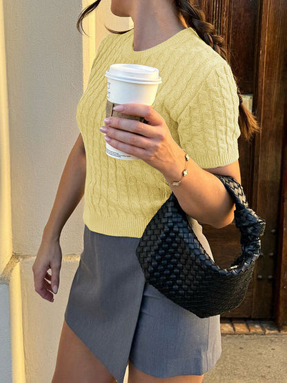 Short Sleeves Solid Color Split-Joint Round-neck Pullovers Sweater Tops