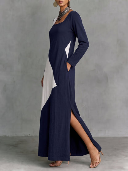 Split-side Pockets Contrast Color Loose Long Sleeves Square-neck Maxi Dresses