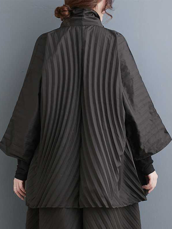 Long Sleeves Loose Buttoned Pleated Solid Color Stand Collar Shirts Top + Pants Bottom Two Pieces Set