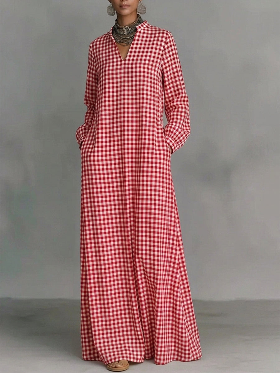 Pockets Plain Contrast Color Puff Sleeves Loose V-neck Maxi Dresses