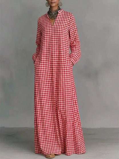 Pockets Plain Contrast Color Puff Sleeves Loose V-neck Maxi Dresses