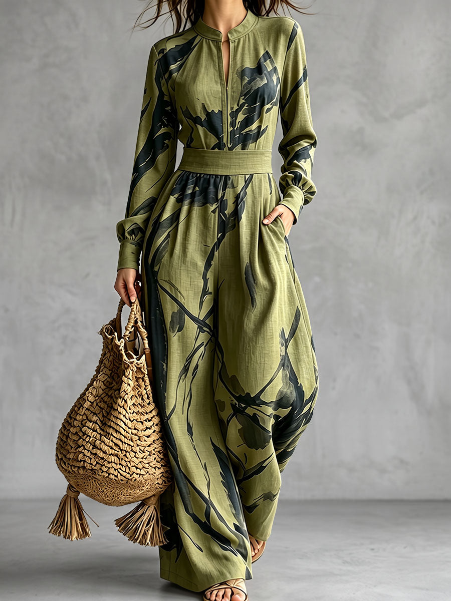 Zipper Printed Pockets Contrast Color Wide Leg Loose V-neck Jumpsuits