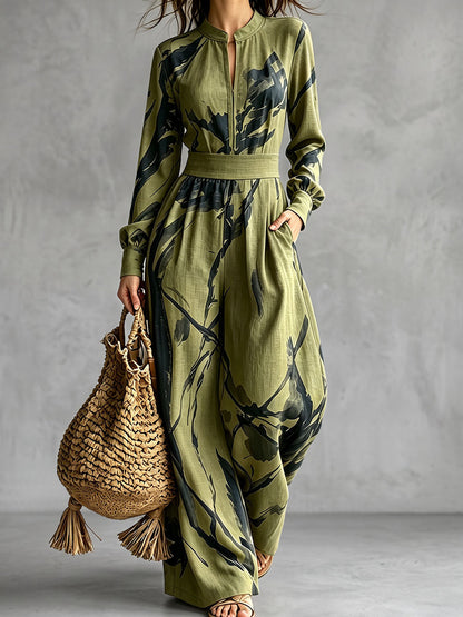 Zipper Printed Pockets Contrast Color Wide Leg Loose V-neck Jumpsuits