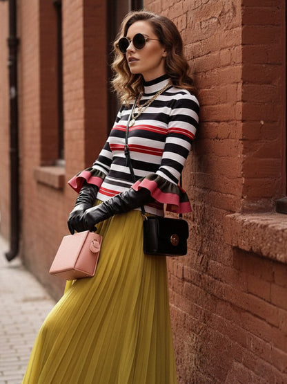 Long Sleeves Skinny Contrast Color Ruffled Split-Joint Striped Half Turtleneck Blouses&Shirts Tops
