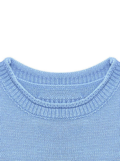 Long Sleeves Loose Solid Color Split-Joint Round-Neck Sweater Tops