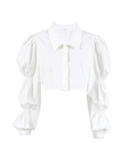 Bishop Sleeve Long Sleeves Buttoned Elasticity Solid Color Lapel Blouses&Shirts Tops