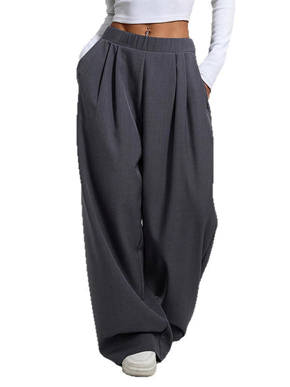 High Waisted Loose Pleated Pockets Solid Color Pants Trousers