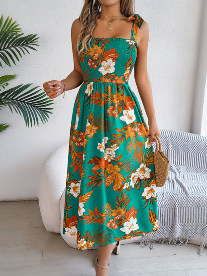 A-Line Loose Contrast Color Elasticity Flower Print Tied Spaghetti-Neck Midi Dresses