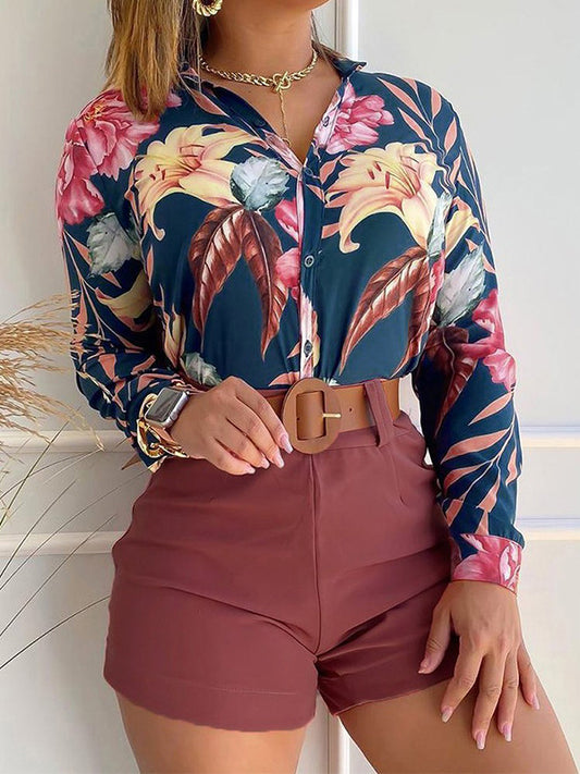 Long Sleeves Buttoned Flower Print Deep V-Neck Shirts Top +Belted Shorts Bottom Two Pieces Set