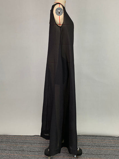 A-Line Loose Pockets See-Through Solid Color Round-Neck Cover-Up Midi Dresses