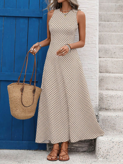 A-Line High Waisted Contrast Color Polka-Dot Round-Neck Maxi Dresses