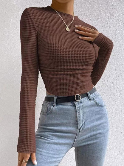 Long Sleeves Skinny Pleated Solid Color Split-Joint Textured Waffle Check Round-Neck T-Shirts Tops
