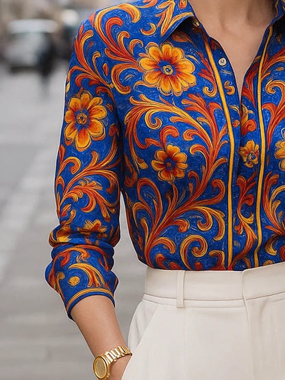 Long Sleeves Buttoned Flower Print Lapel Blouses&Shirts Tops