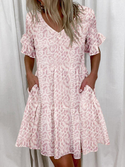 A-Line High Waisted Contrast Color Pleated Pockets Printed Split-Joint V-Neck Midi Dresses