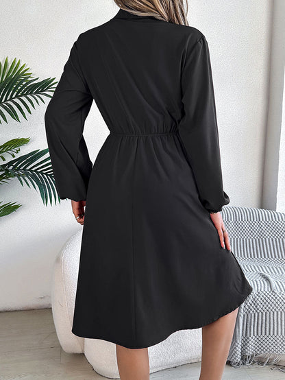 A-line Long Sleeves Buttoned Pleated Solid Color Tied Lapel Midi Dresses Shirt Dress