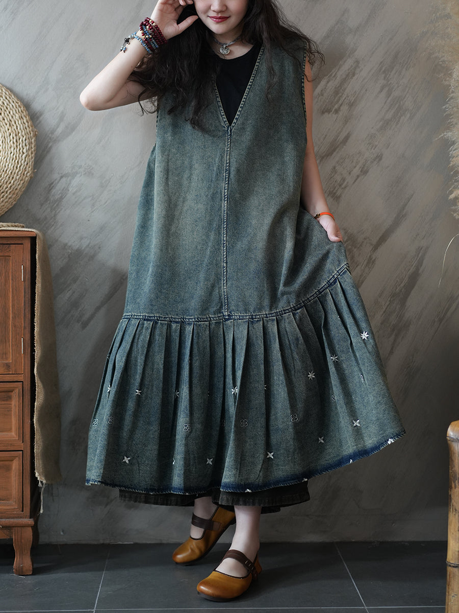 Women Summer Vintage Denim Vest Pleated Dress