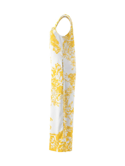 Loose Sleeveless Flower Print Pleated Pockets Spaghetti-Neck Jumpsuits