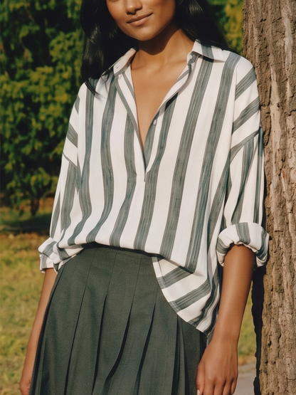 Long Sleeves Loose Buttoned Contrast Color Striped Lapel Blouses&Shirts Tops