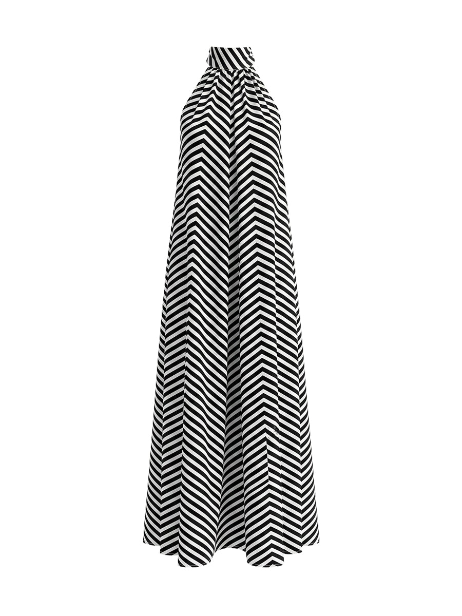 A-Line Loose Backless Contrast Color Elasticity Pockets Halter-Neck Maxi Dresses