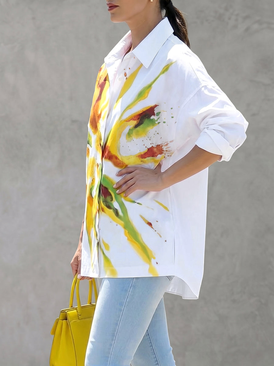 High-Low Long Sleeves Buttoned Contrast Color Flower Print Lapel Blouses&Shirts Tops