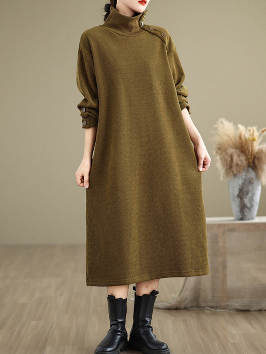 Women Winter Pure Color Fleece-lined Stand Collar Dress