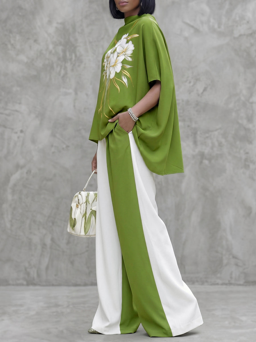 Half Sleeves High-Low Contrast Color Floral Printed High Neck Blouses&Shirts Tops
