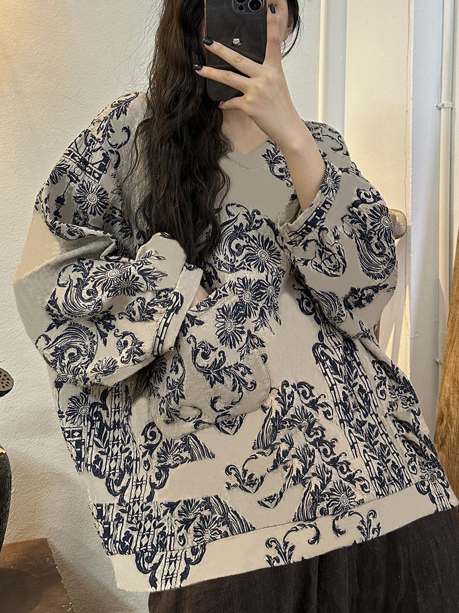 Plus Size Women Vintage Print V-Neck Long Sleeve Shirt