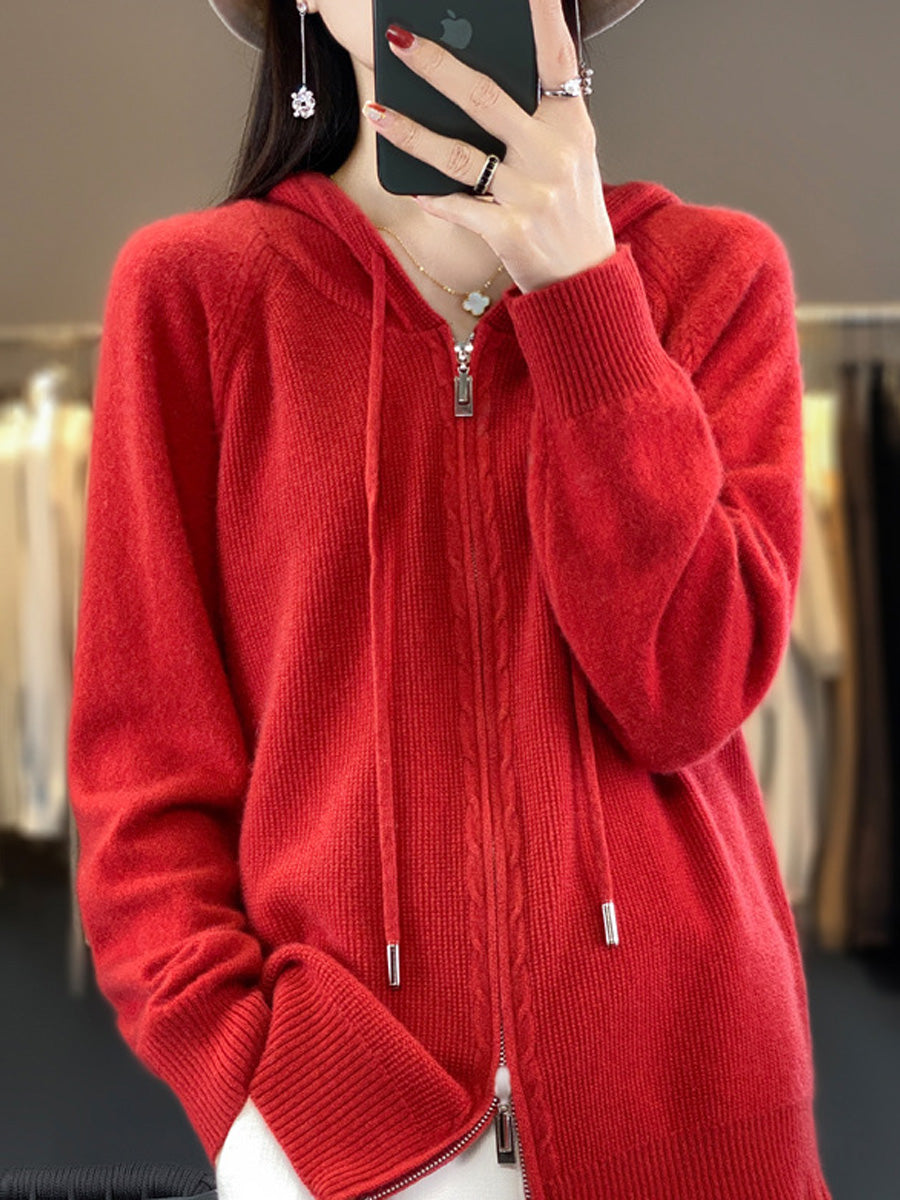 Women Autumn Casual Pure Color Hooded Sweater