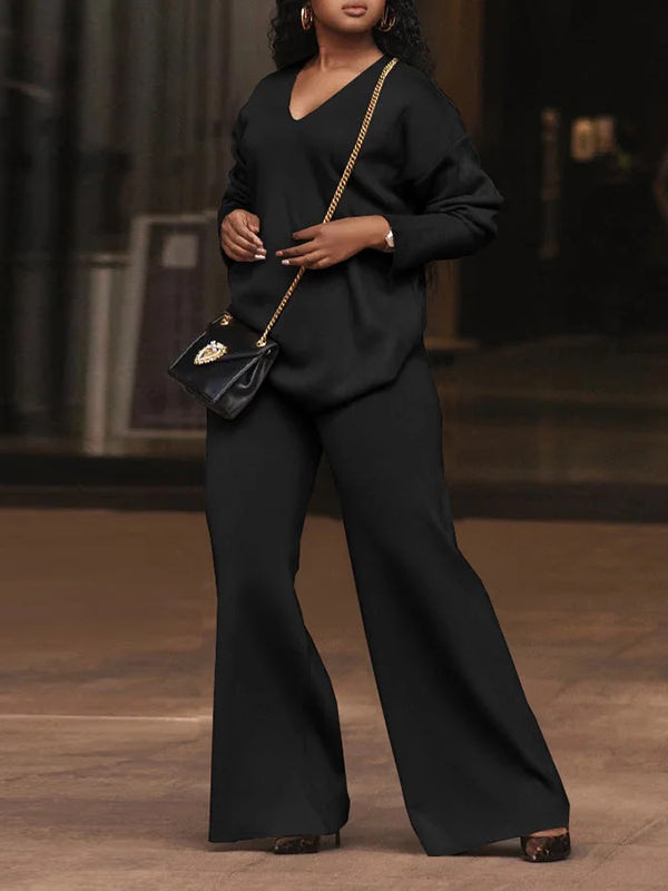 Long Sleeves Loose Solid Color V-Neck Pullovers