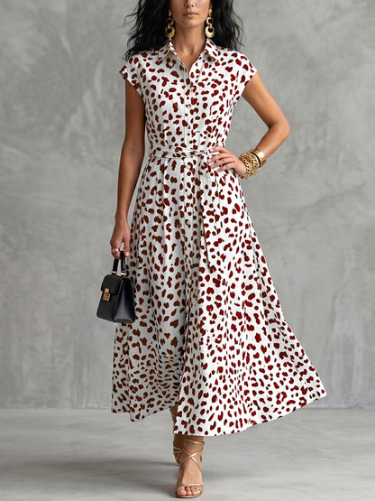 A-line Cap Sleeve Buttoned Leopard Printed Tied Waist Midi Dresses Shirt Dress