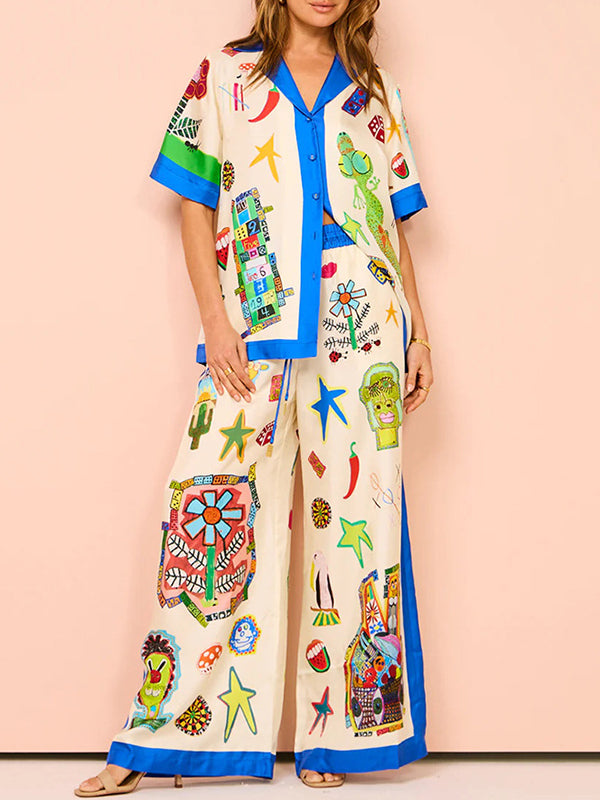 High Waisted Loose Asymmetric Printed Split-Joint Pants Trousers