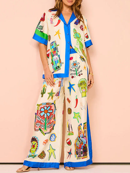 High Waisted Loose Asymmetric Printed Split-Joint Pants Trousers