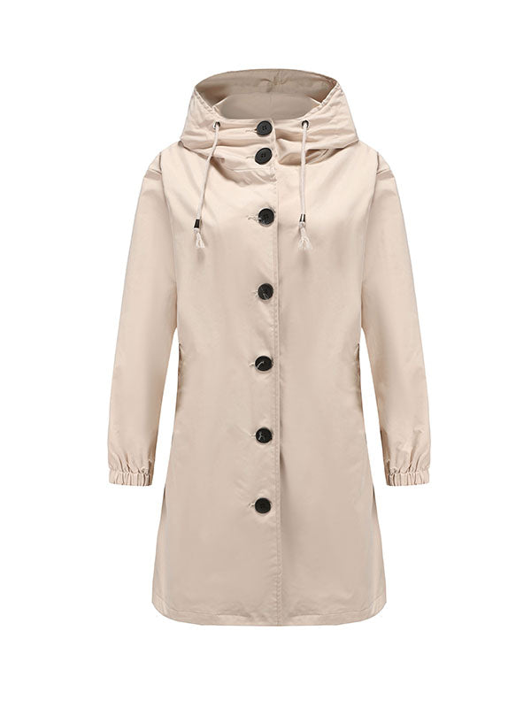 Long Sleeves Loose Buttoned Drawstring Elasticity Hooded Pockets Split-Back Waterproof High-Neck Trench Coats