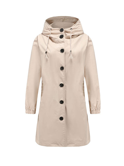 Long Sleeves Loose Buttoned Drawstring Elasticity Hooded Pockets Split-Back Waterproof High-Neck Trench Coats
