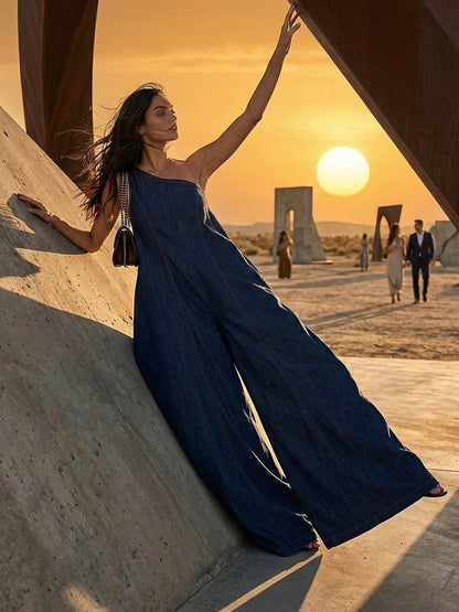 High Waisted Loose Asymmetric Solid Color One-Shoulder Jumpsuits